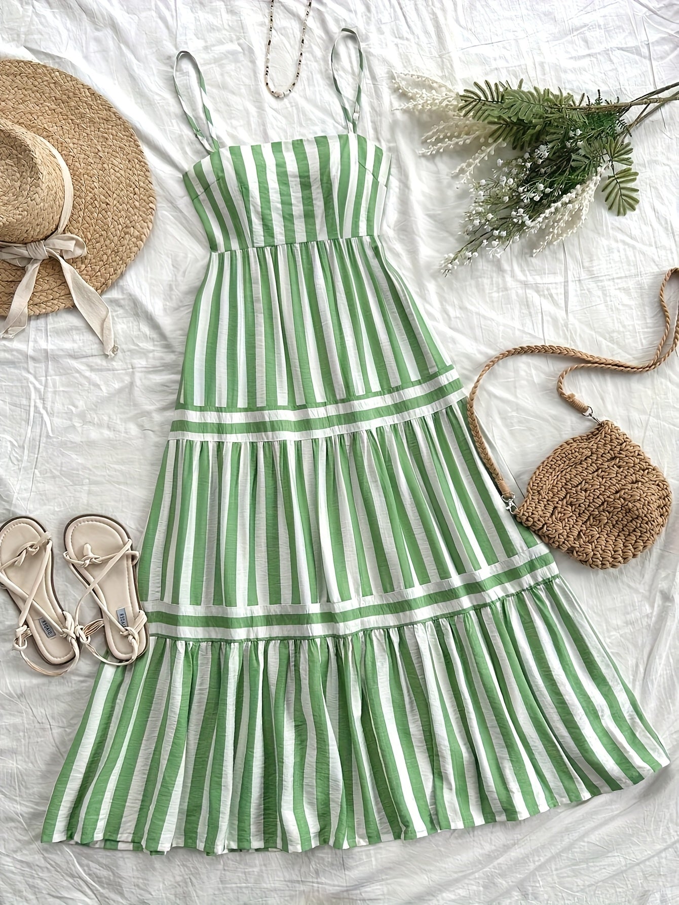 Elegant Green & White Striped Midi Dress with Adjustable Spaghetti Straps and Ruffled Hem - Machine Washable, Perfect for Spring/Summer/Fall